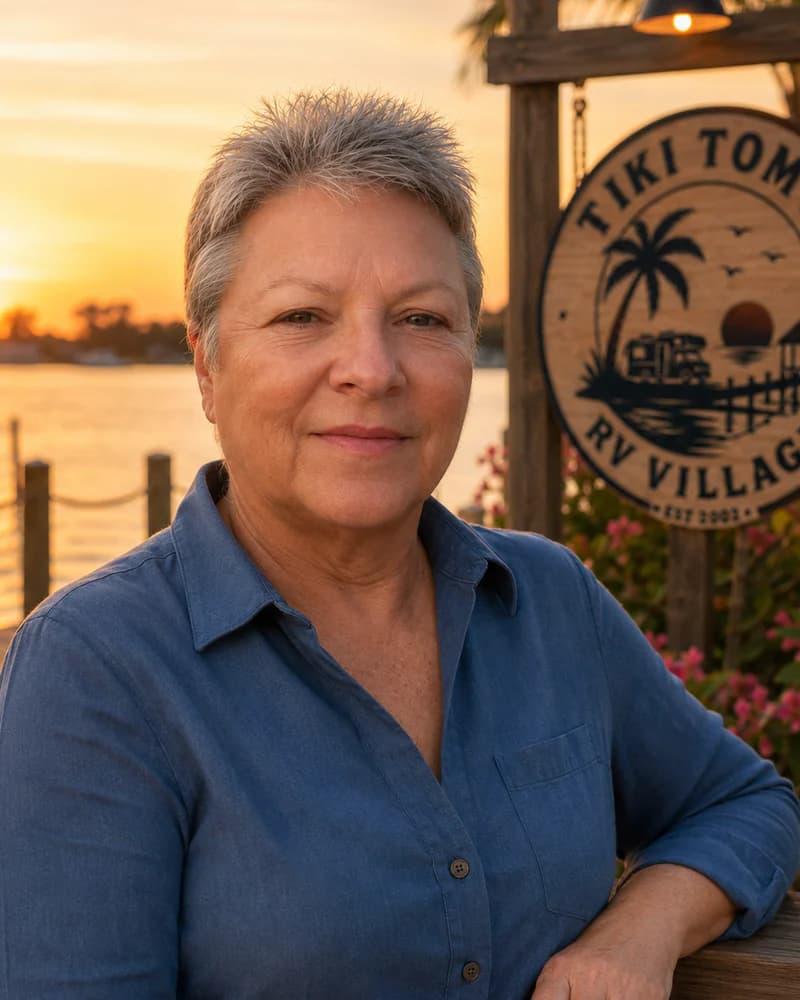 Sharon in a blue shirt by the Tiki Tom’s waterfront sign at sunset.
